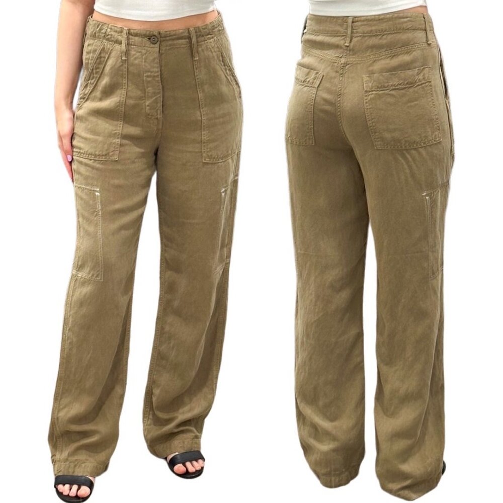 Mother The Private Cargo Sneak High Rise Twill Pants in Gothic Olive Green Sz 29